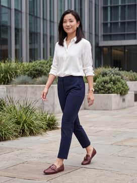 Tailored navy blue ankle trousers paired with a crisp white silk button-down and a gold-tone watch to coordinate with the hardware.