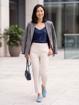 A pair of white tailored high-waisted trousers, a navy blue silk camisole, and a structured grey blazer for a sophisticated office ensemble.