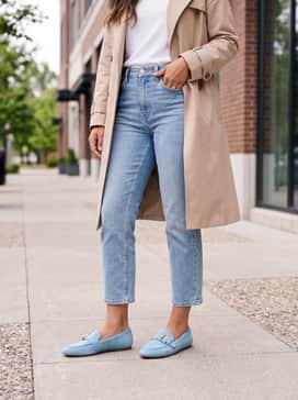 Womens Grand Ambition Alette Buckle Loafers – Cropped light-wash straight-leg jeans paired with a beige trench coat and a simple white organic cotton t-shirt for an elevated casual look.
