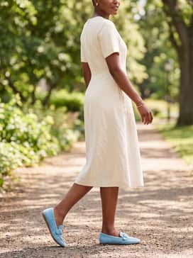 Womens Grand Ambition Alette Buckle Loafers – A cream-colored linen midi dress with gold-toned jewelry to complement the buckle hardware for a fresh and airy summer vibe.
