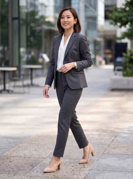 A tailored charcoal grey pant suit paired with a crisp white silk blouse and minimal gold accessories for a commanding office look.