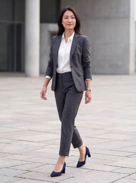Womens Grand Ambition Angelica Pumps – A charcoal grey tailored pantsuit paired with a crisp white silk blouse and minimalist silver jewelry for a powerful boardroom presence.