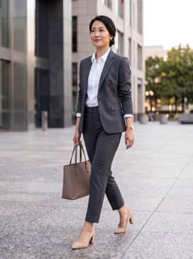 A charcoal grey tailored pantsuit with a crisp white button-down shirt for a powerful and polished office ensemble.