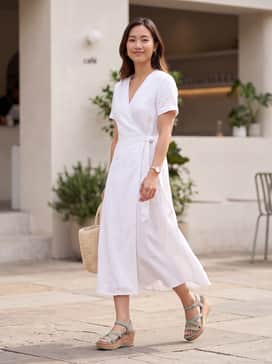 Womens Grand Ambition Azzura Strappy Wedge Sandal – A white linen midi wrap dress paired with a straw tote bag and gold hoop earrings for a classic summer look.