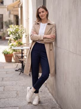 Style with navy tailored ankle trousers and a beige trench coat for a sophisticated 'quiet luxury' aesthetic.