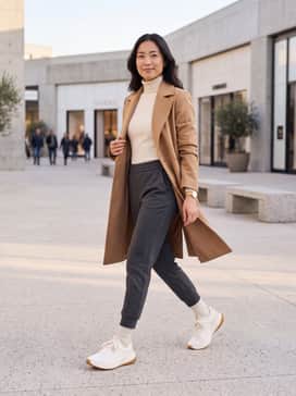 Womens Grandpr Allday Running Shoes – Tapered charcoal joggers, a fitted cream-colored turtleneck, and a structured camel trench coat for a sophisticated urban look.