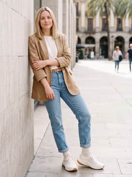 Womens Grandpr Allday Running Shoes – Straight-leg light-wash denim, a tucked-in white graphic tee, and a tan oversized blazer for a smart-casual streetwear aesthetic.