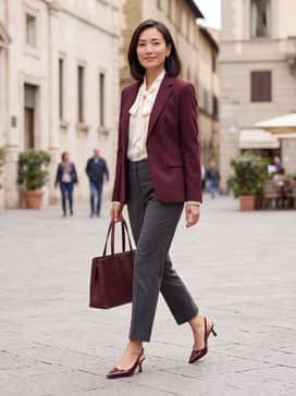 A pair of charcoal grey tailored wool trousers, a silk cream pussy-bow blouse, and a structured burgundy leather tote for a sophisticated office ensemble.