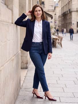 Womens Hansell Slingback Pumps – Dark wash straight-leg denim jeans with a crisp white button-down shirt tucked in, finished with a navy tweed blazer and gold hoop earrings for an elevated casual aesthetic.