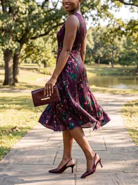 Womens Hansell Slingback Pumps – An A-line midi dress in a deep floral print featuring shades of plum and emerald, paired with a matching burgundy patent clutch and minimalist pearl jewelry.