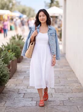 Womens Kami Thong Sandals – A white eyelet cotton maxi dress paired with a straw tote bag for a classic, breezy summer aesthetic.