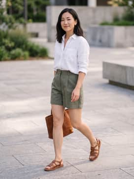 Womens Kami Thong Sandals – A white linen button-down shirt tucked into high-waisted olive green utility shorts, accessorized with a straw fedora for a timeless safari-inspired aesthetic.