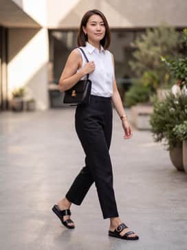 Womens Oaklynn Double Band Footbed Sandals – Tailored black linen trousers paired with a crisp white sleeveless button-down shirt and a structured gold-accented handbag.