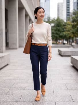 Womens Payson Soft Bow Loafers – Navy blue cropped cigarette trousers paired with a tucked-in ivory silk blouse and a delicate gold chain necklace.