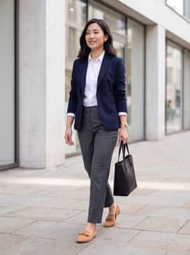 Womens Payson Soft Bow Loafers – A navy blue structured blazer paired with a crisp white poplin shirt and charcoal grey tailored ankle-length trousers for a sharp office-ready look.
