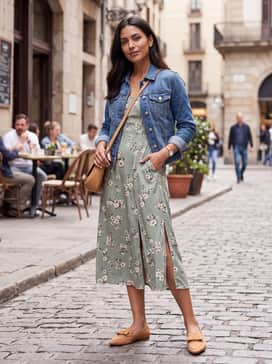 A soft sage green floral midi dress featuring a side slit, layered with a classic blue denim jacket and a tan crossbody bag for a charming weekend brunch outfit.