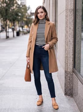 Womens Payson Soft Bow Loafers – Dark-wash high-rise skinny jeans styled with a classic black-and-white striped turtleneck and a camel-colored wool coat to create a timeless, layered aesthetic.