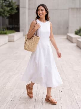 Womens Riginalgrand Peyton Flatform Sandals – A crisp white linen midi dress paired with a woven straw tote and gold hoop earrings for a sophisticated summer look.