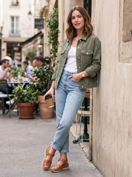 Womens Riginalgrand Peyton Flatform Sandals – Olive green cargo shorts worn with a simple black ribbed tank top and a light denim jacket for a functional yet trendy aesthetic.