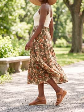 Womens Riginalgrand Peyton Flatform Sandals – A floral-print tiered maxi skirt in earth tones paired with a fitted cream-colored camisole and a wide-brimmed sun hat.
