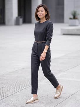 Womens Riginalgrand Platform Venetian Loafers – A charcoal grey tailored jumpsuit with a cinched waist and gold hardware accessories to echo the shoe's metallic finish.