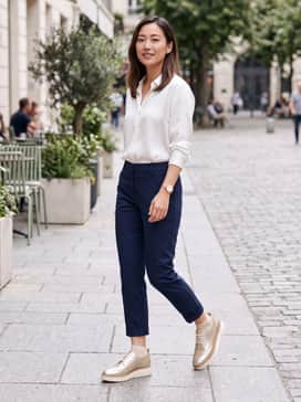 Tailored navy cropped trousers paired with a crisp white silk blouse and subtle gold jewelry to echo the shoe's metallic finish.
