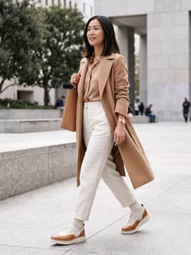 Womens Riginalgrand Platform Wingtip Oxfords – Tailored ivory trousers paired with a tucked-in tan silk blouse and a structured camel wool coat for a sophisticated monochrome look.