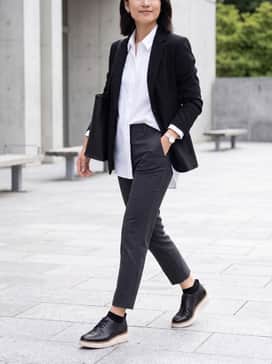 Womens Riginalgrand Platform Wingtip Oxfords – Cropped charcoal grey trousers paired with a crisp white oversized button-down shirt and a black structured blazer for a polished office-ready look.