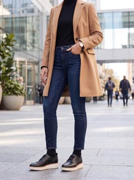 Dark wash skinny jeans, a tucked-in black turtleneck sweater, and a classic camel-colored wool overcoat for a sophisticated weekend ensemble.