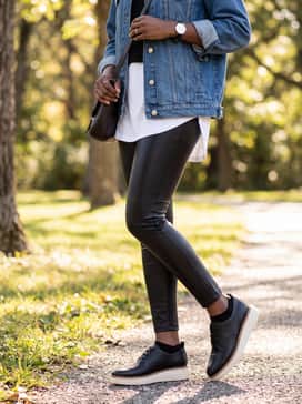 Womens Riginalgrand Platform Wingtip Oxfords – Black faux-leather leggings, a longline white tee, and an oversized denim jacket for a modern, edgy streetwear-inspired vibe.