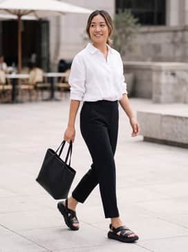 Womens Zergrand Rexanna Sandals – Ankle-length black tailored trousers with a white oversized linen shirt for a clean, monochromatic aesthetic.