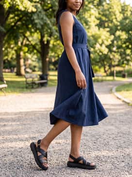 A breezy navy blue sundress with a waist-cinching belt to contrast the shoe's rugged platform base.