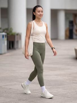 Xcell Lightspeed Womens Shoes – A pair of high-waisted olive green leggings paired with a cream-colored moisture-wicking racerback tank top and a sleek ponytail for a focused workout look.
