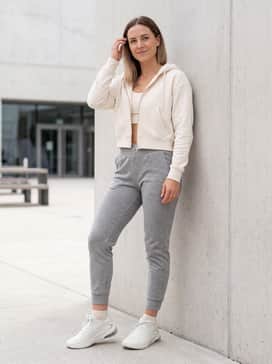 Xcell Lightspeed Womens Shoes – Grey marl joggers matched with a cropped zip-up hoodie in a similar shade, creating a cohesive and comfortable loungewear set perfect for errands.