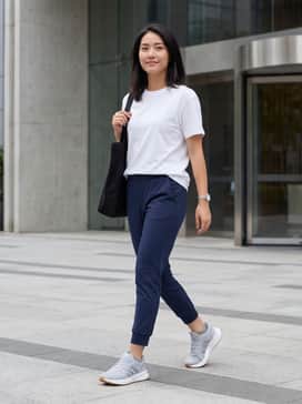 Slim-fit navy joggers paired with a crisp white graphic t-shirt and a lightweight grey bomber jacket for a modern, functional street look.