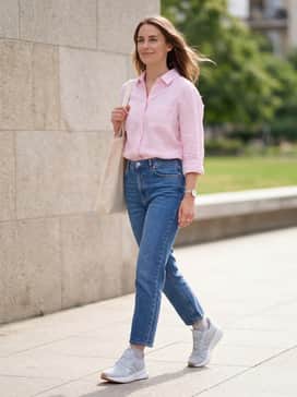 Xplr Path Shoes – Cropped straight-leg blue jeans combined with a tucked-in pastel linen shirt and a simple canvas tote bag for a smart-casual weekend vibe.