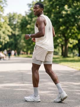 A summer-ready athletic outfit consisting of neutral-toned high-waisted performance shorts and a relaxed-fit graphic running singlet.