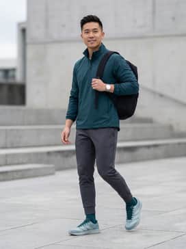 Y3 Adizero Rc6 Shoes – A pair of tapered black tech-fabric joggers paired with a matching charcoal quarter-zip windbreaker and a sleek black backpack for a futuristic urban look.