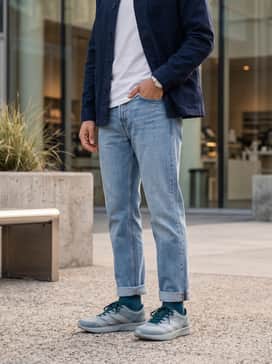 Y3 Adizero Rc6 Shoes – Straight-leg light-wash distressed denim jeans with a tucked-in oversized white tee and a navy blue chore coat for a balanced casual aesthetic.