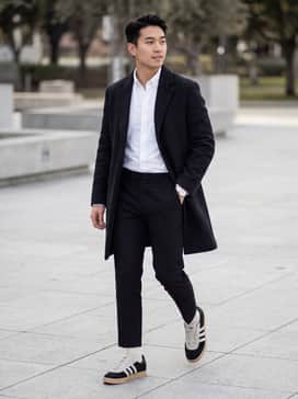 Y3 Gazelle Shoes – A monochromatic look featuring black cropped tailored trousers, a crisp white oversized button-down shirt, and a structured black wool overcoat.