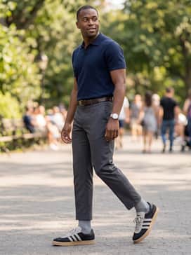 Y3 Gazelle Shoes – Charcoal grey chinos with a clean-cut navy blue polo shirt and a minimalist silver watch for a polished yet effortless smart-casual weekend ensemble.