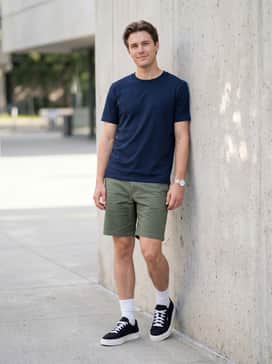 York – Olive green chino shorts worn with a navy blue graphic tee and white crew socks to lean into a modern, athletic summer vibe.
