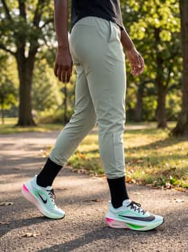 Sage green joggers with a slim-fit black long-sleeve base layer and a lightweight translucent windbreaker for early morning outdoor sessions.