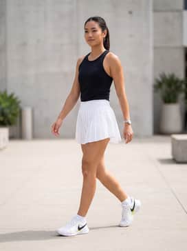 A performance-focused tennis outfit featuring a pleated white skirt, a black moisture-wicking racerback tank top, and white no-show socks.