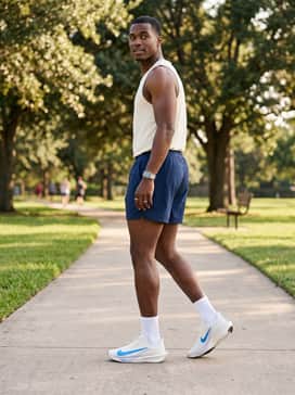 Summer fitness attire including navy blue 5-inch inseam athletic shorts, a sleeveless cream-colored tank top, and white crew socks to highlight the sneaker's sleek profile.