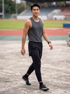 A high-compression moisture-wicking singlet in charcoal grey paired with split running shorts for maximum leg mobility during a race.