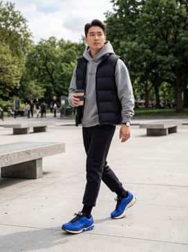 Pair with black tech-fleece joggers, a grey oversized graphic hoodie, and a black puffer vest to create a sleek, functional look that lets the vibrant blue shoes stand out.