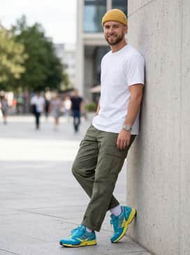 Match with olive cargo pants and a crisp white pocket tee, adding a yellow beanie to tie in the bright midsole color.